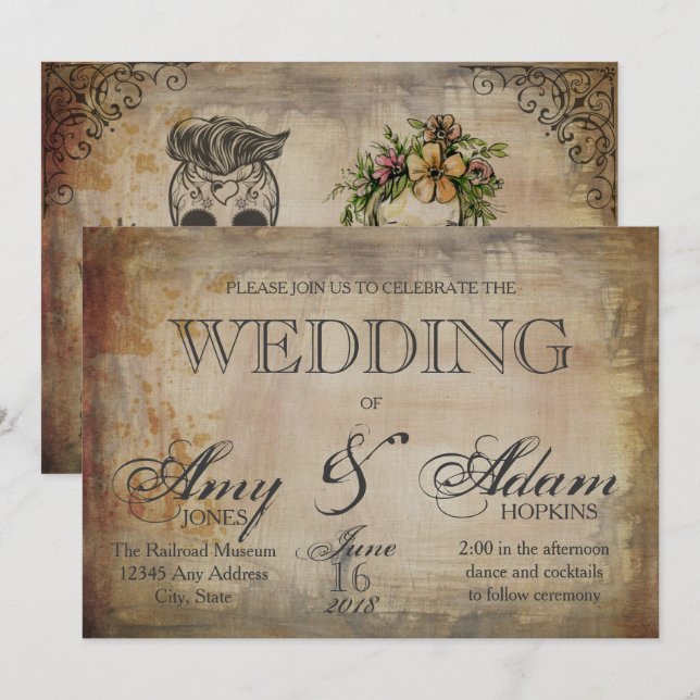 Invitación de boda de cráneo gótico (Anverso / Reverso)