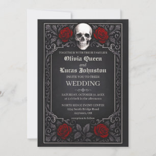 Invitación de boda de cráneo y rosas góticas elega
