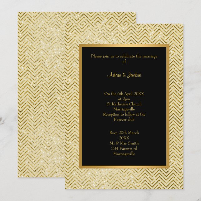INVITACIÓN DE BODA DE CREMA DE ORO NEGRO CHEVRON (Anverso / Reverso)