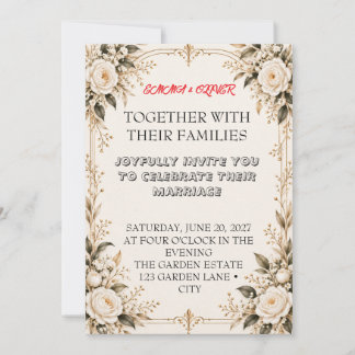 Invitación de boda de crema y oro | Rosas