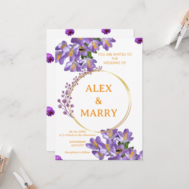 Invitación de boda de crocus de primavera botánico (Anverso/Reverso In Situ)