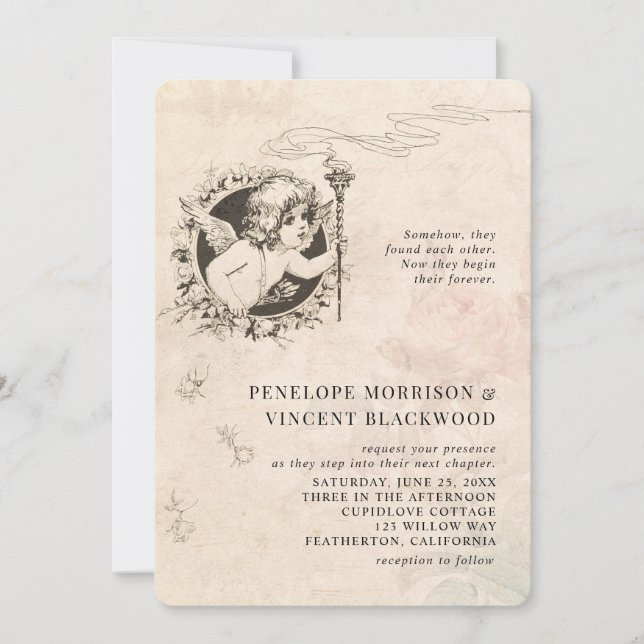 Invitación de boda de Cupido vintage (Anverso)