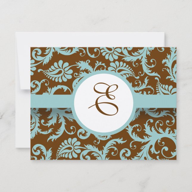 Invitación de boda de damasco azul acua sobre marr (Anverso)