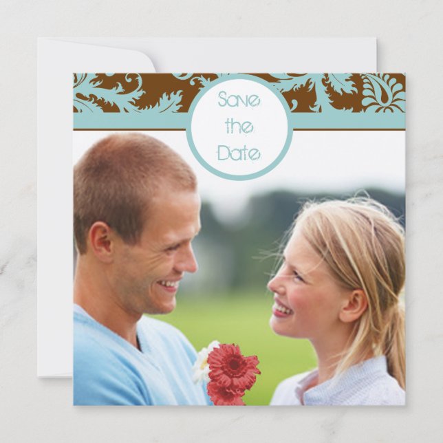 Invitación de boda de damasco azul acua sobre marr (Anverso)