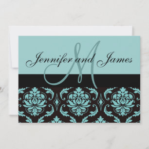 Invitación de Boda de Damasco Azul con Monograma y