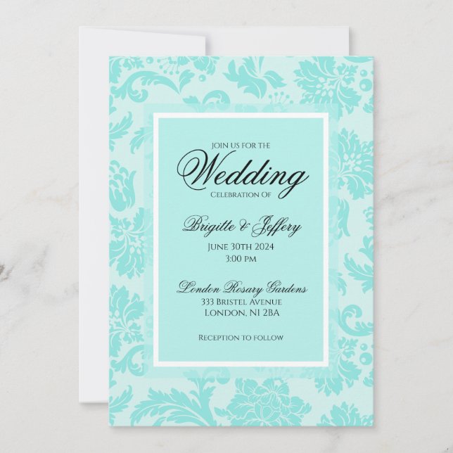 Invitación de boda de damasco azul verdoso (Anverso)