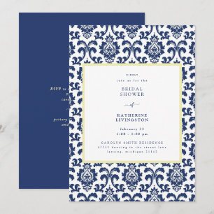 Invitación de boda de damasco azul y amarillo