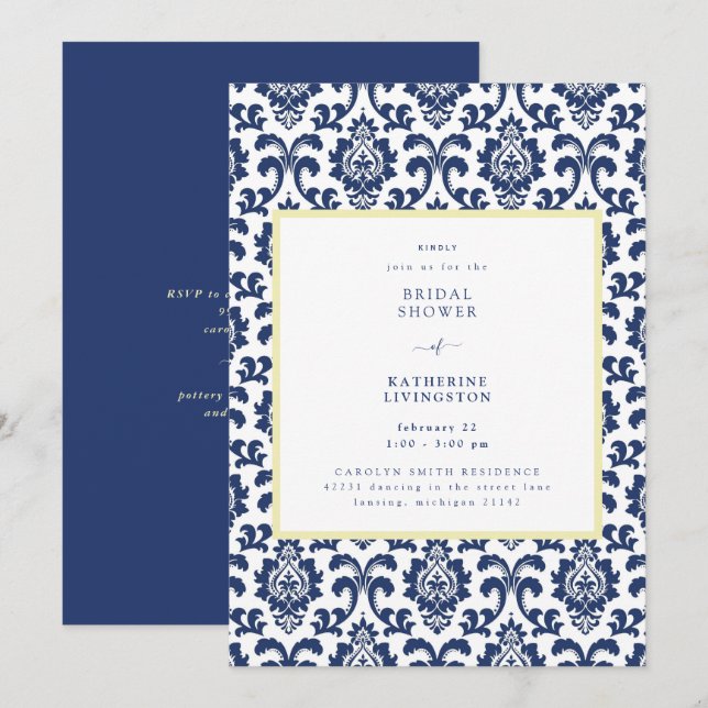 Invitación de boda de damasco azul y amarillo (Anverso / Reverso)