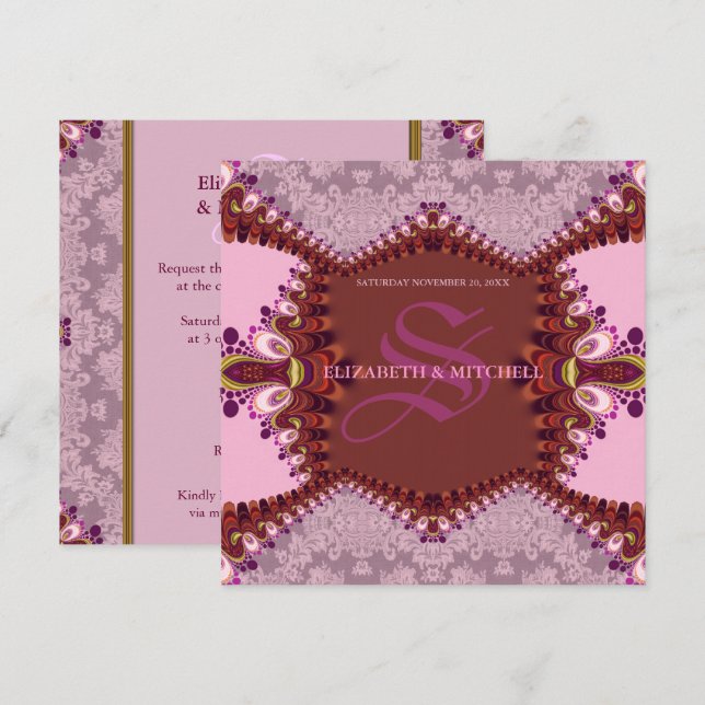 Invitación de boda de damasco bohemio genial (Anverso / Reverso)