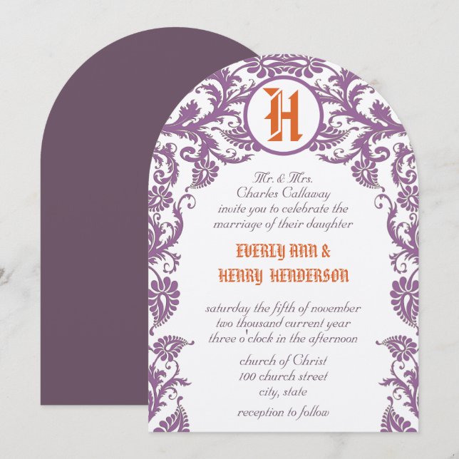 Invitación de boda de damasco con monograma de cir (Anverso / Reverso)