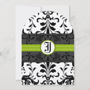 Invitación de boda de damasco con monograma verde 