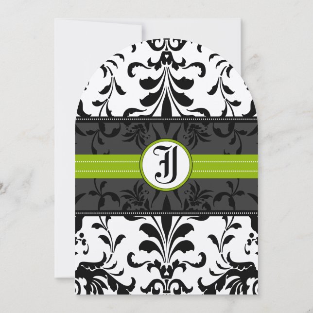 Invitación de boda de damasco con monograma verde  (Reverso)