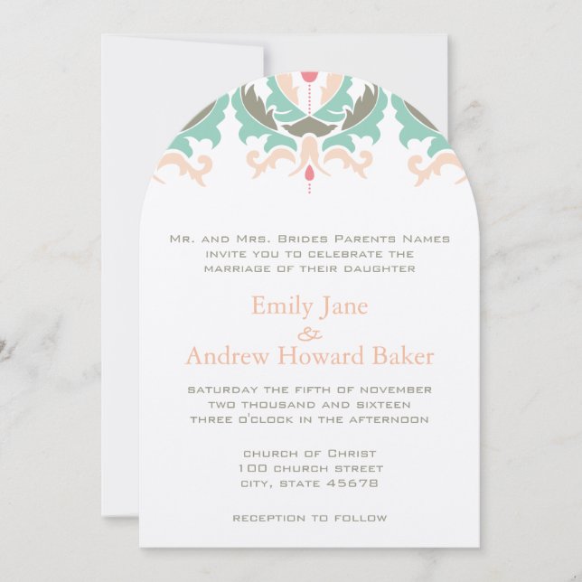 Invitación de boda de damasco coral melocotón ment (Anverso)