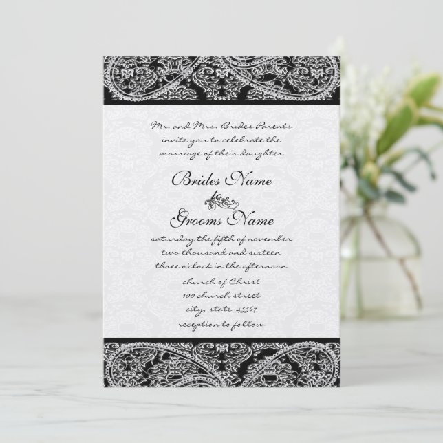 Invitación de boda de damasco de lunares negros (Anverso de pie)