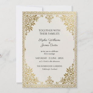 Invitación de boda de damasco de marfil dorado