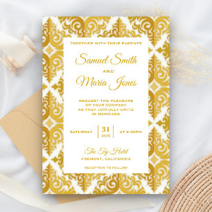 Invitación de boda de damasco de oro blanco elegan