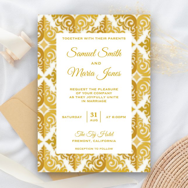 Invitación de boda de damasco de oro blanco elegan (Subido por el creador)