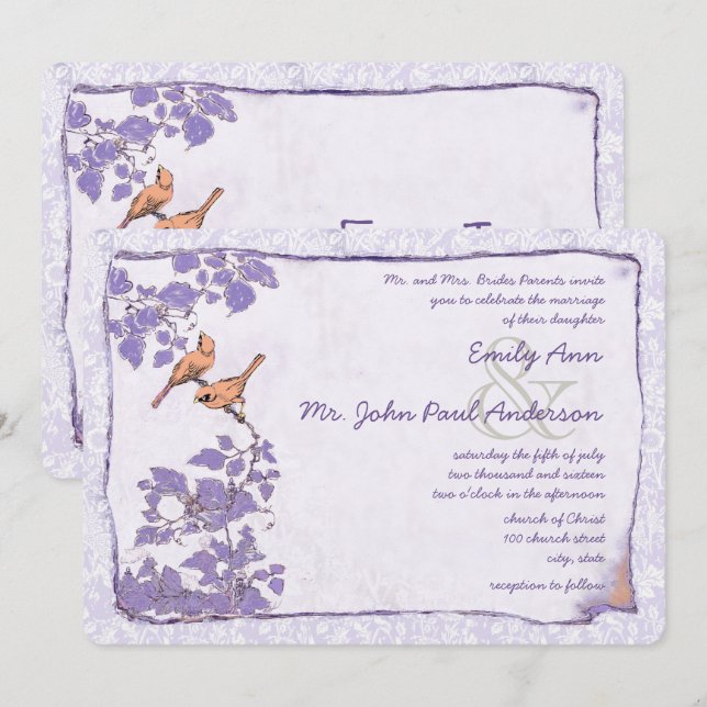 Invitación de boda de damasco de pájaro de amor de (Anverso / Reverso)