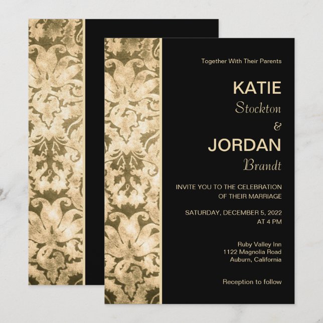 Invitación de boda de damasco dorado Chic (Anverso / Reverso)