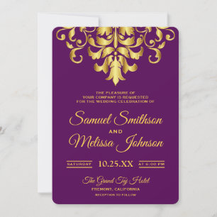 Invitación de boda de damasco dorado y púrpura ele