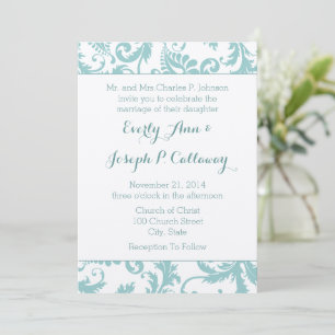 Invitación de boda de damasco floral azul teal Aqu