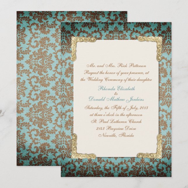 Invitación de boda de Damasco francés antiguo chic (Anverso / Reverso)