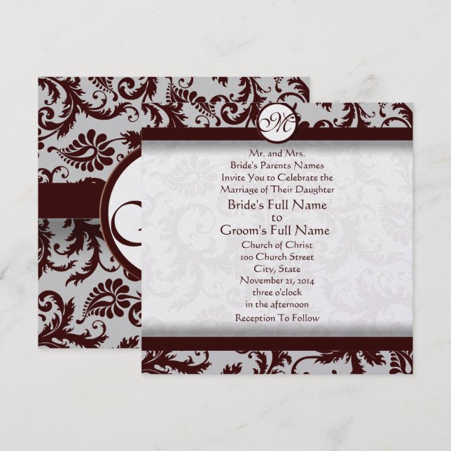 Invitación de boda de damasco marrón chocolate pro (Anverso / Reverso)