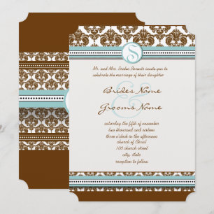 Invitación de boda de Damasco marrón con borde azu