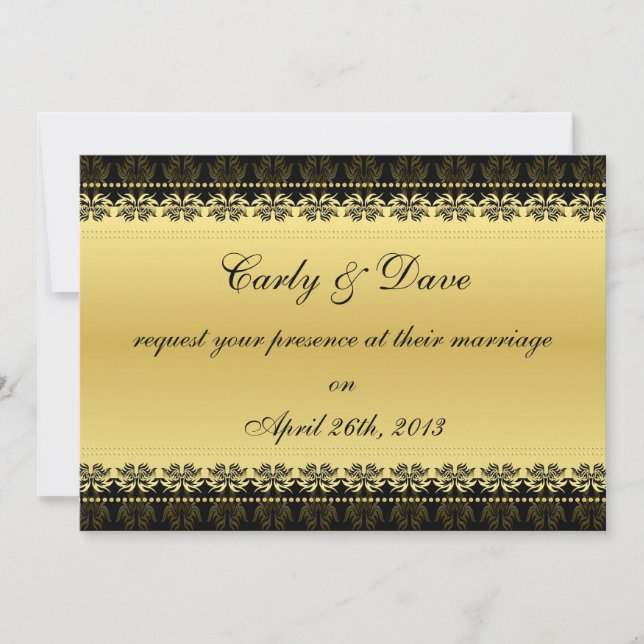 Invitación de boda de damasco negro dorado (Anverso)