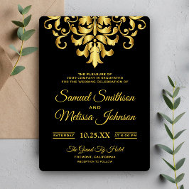 Invitación de boda de damasco negro y dorado elega