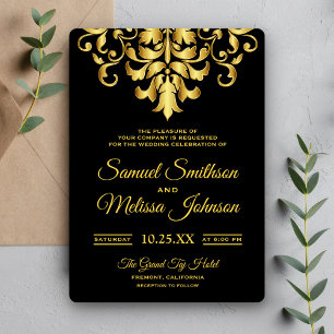 Invitación de boda de damasco negro y dorado elega
