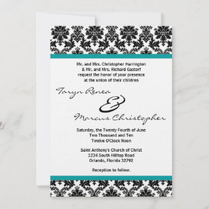 Invitación de boda de damasco negro y lino azul tu