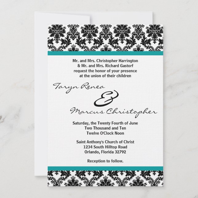 Invitación de boda de damasco negro y lino teal 5x (Anverso)