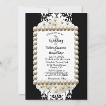 Invitación de boda de damasco negro y perla Chic