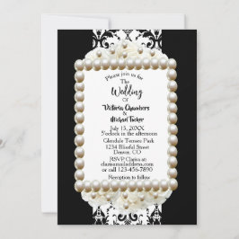 Invitación de boda de damasco negro y perla Chic