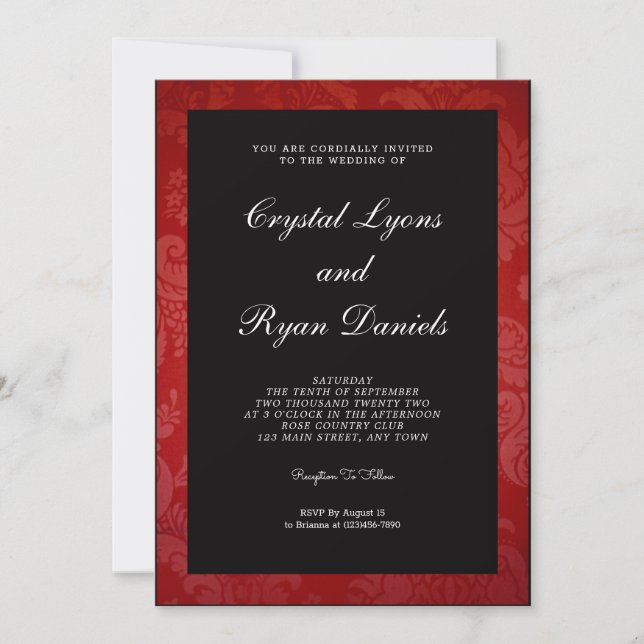 Invitación de boda de damasco negro y rojo (Anverso)