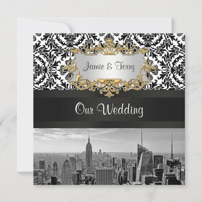 Invitación de boda de damasco NYC Skyline BW 431 (Anverso)