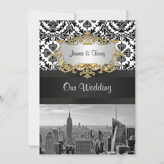 Invitación de boda de damasco NYC Skyline BW 431 V (Anverso)