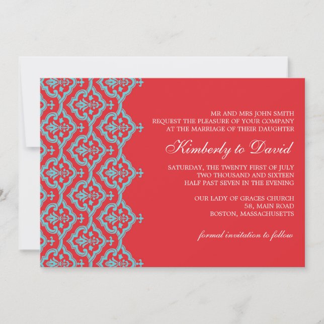 Invitación de boda de damasco rojo y acuático (Anverso)