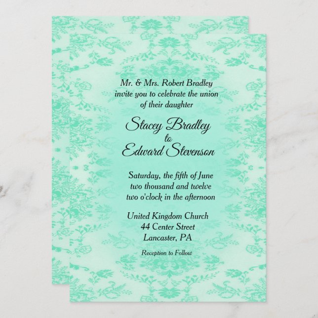 Invitación de boda de damasco verde menta (Anverso / Reverso)