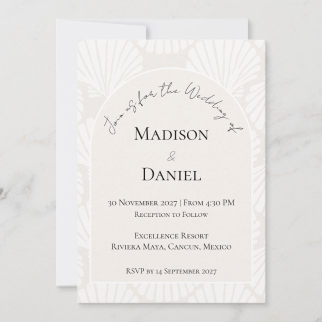 Invitación de boda de destino con concha neutral (Anverso)