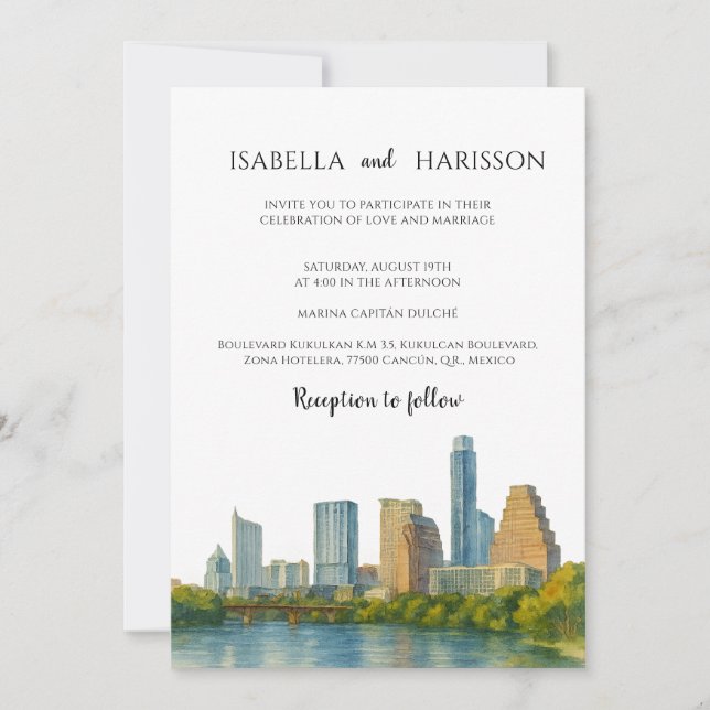 Invitación de boda de destino con la silueta de Au (Anverso)