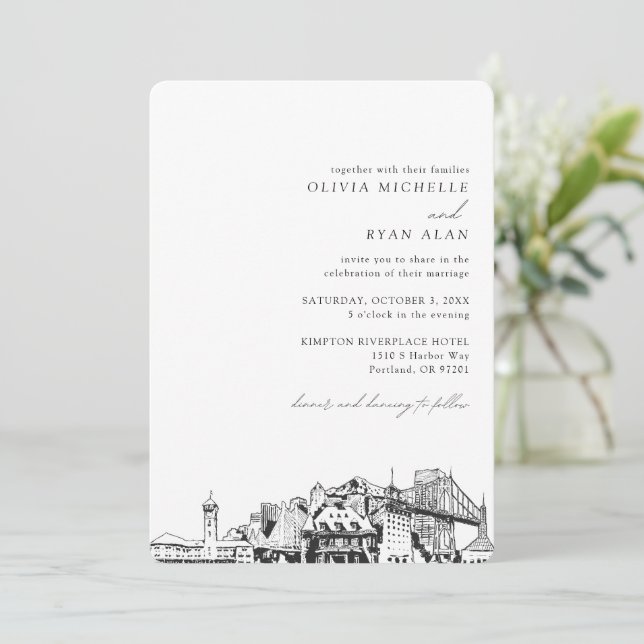 Invitación de boda de destino con la silueta de Po (Anverso de pie)