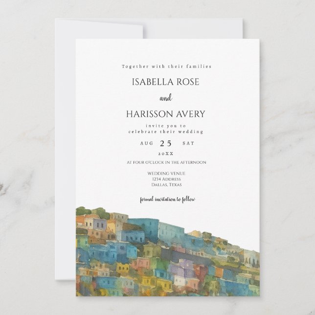 Invitación de boda de destino con la silueta de Pu (Anverso)