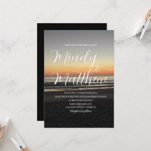 Invitación de boda de destino con puesta de sol en