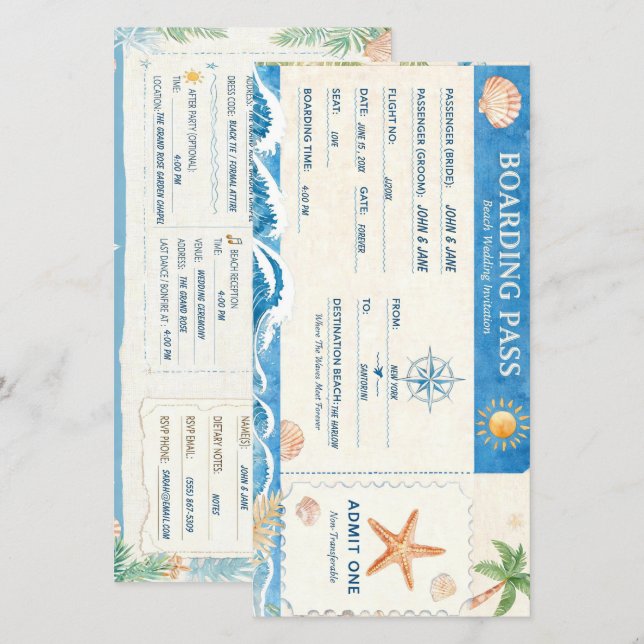 Invitación de boda de destino con tarjeta de embar (Anverso / Reverso)