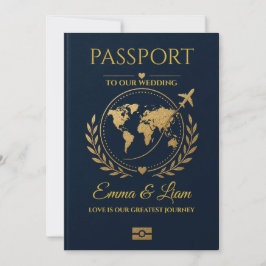 Invitación de boda de destino Navy Gold Passport