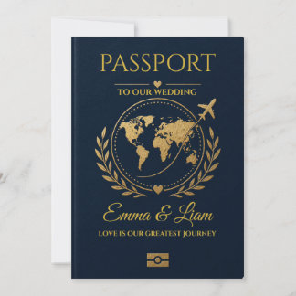 Invitación de boda de destino Navy Gold Passport