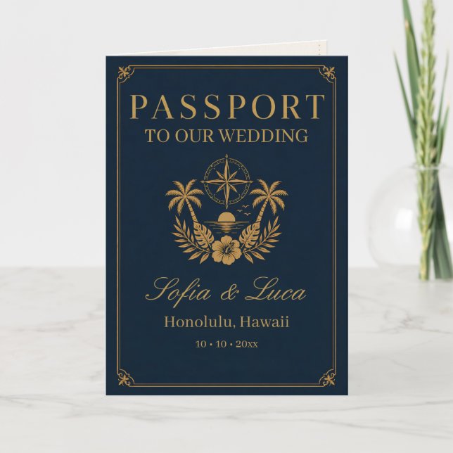 Invitación de boda de destino Pasaporte Tropical (Anverso)