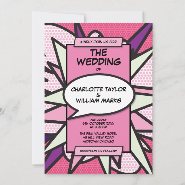 Invitación de boda de diseñador de cómic divertida (Anverso)
